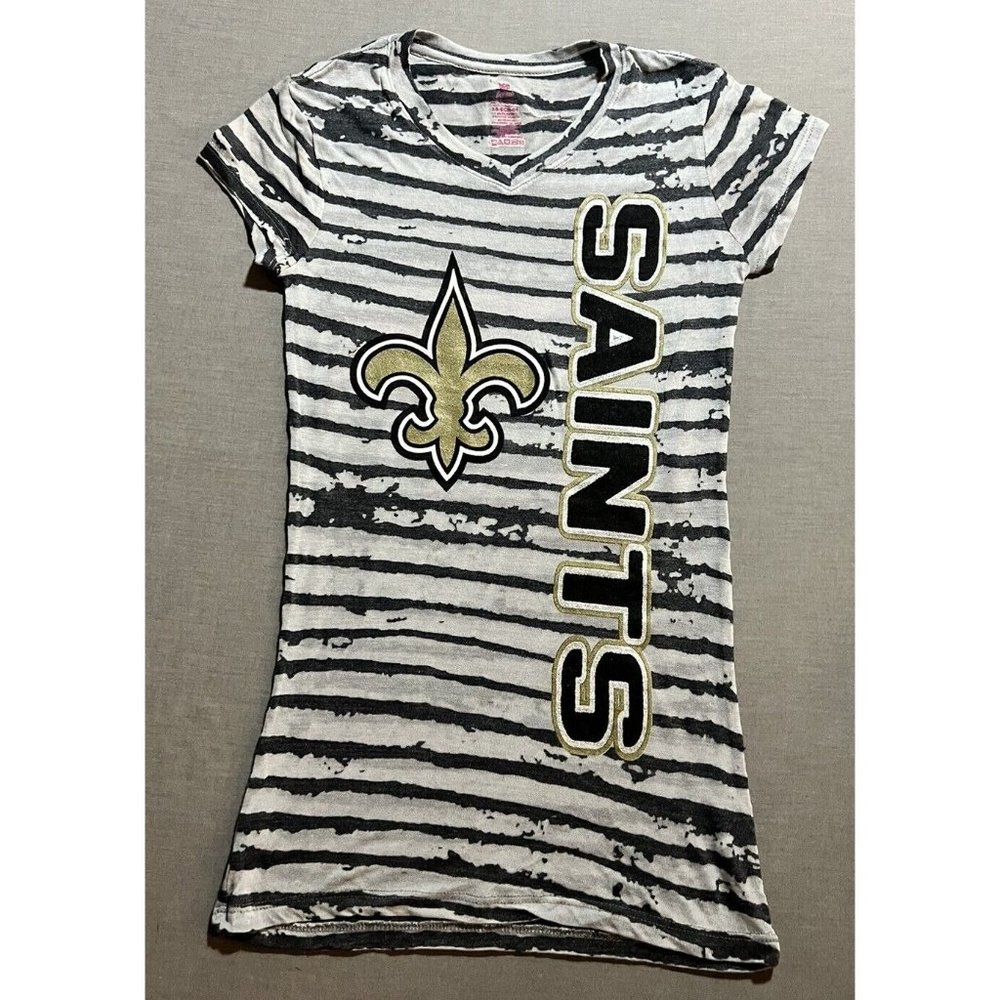 New Orleans Saints Shirt Girls Medium Gray Striped Short Sleeve Tee Teens New.
